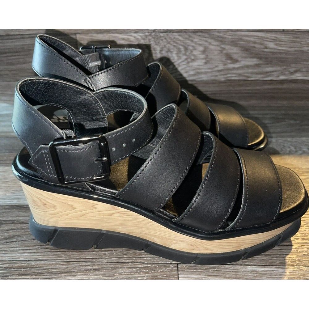 Sorel Black Leather Strappy Wedge Sandals with Wood-Effect Platform - Picture 2 of 7